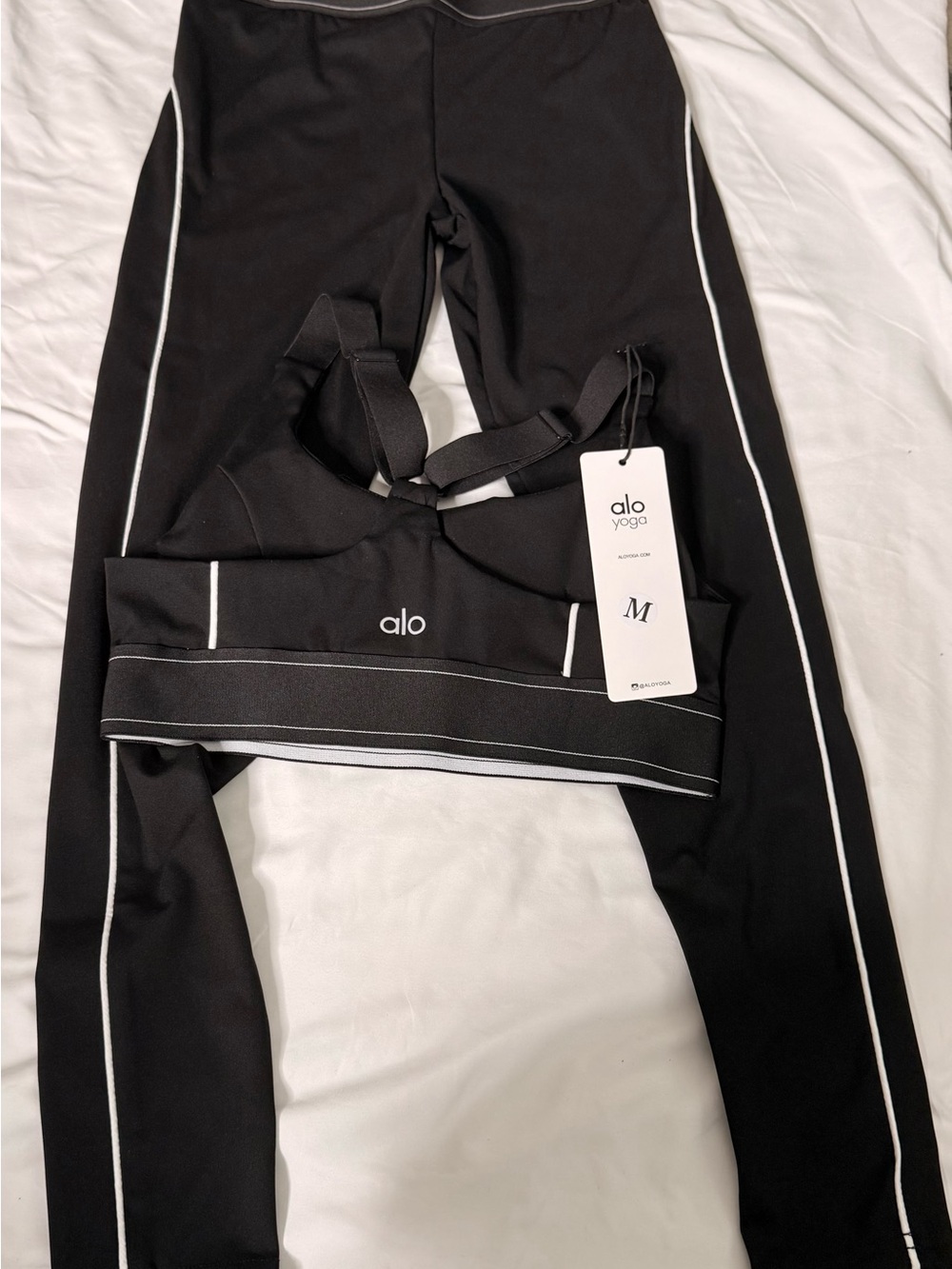 ALO Yoga Black Leggings with White Piping & Matching Sports Bra